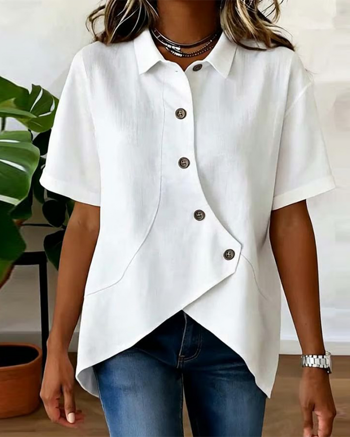 Julia – Asymmetric Cotton‑Linen Blouse with Buttons