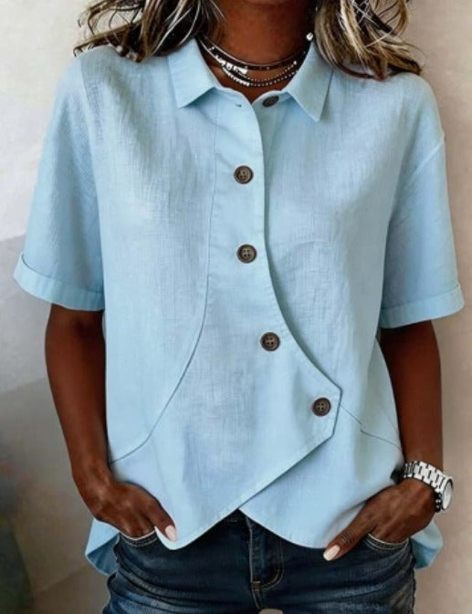 Julia – Asymmetric Cotton‑Linen Blouse with Buttons
