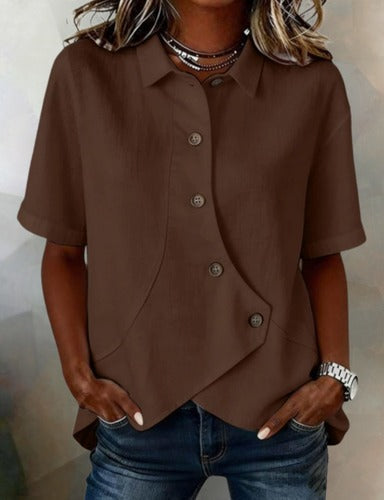 Julia – Asymmetric Cotton‑Linen Blouse with Buttons
