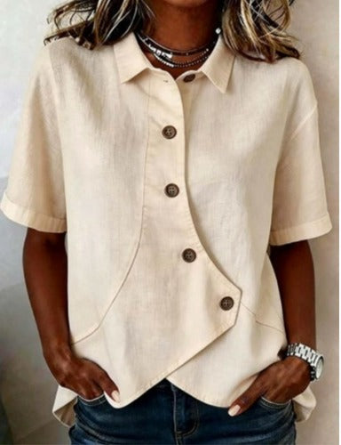 Julia – Asymmetric Cotton‑Linen Blouse with Buttons
