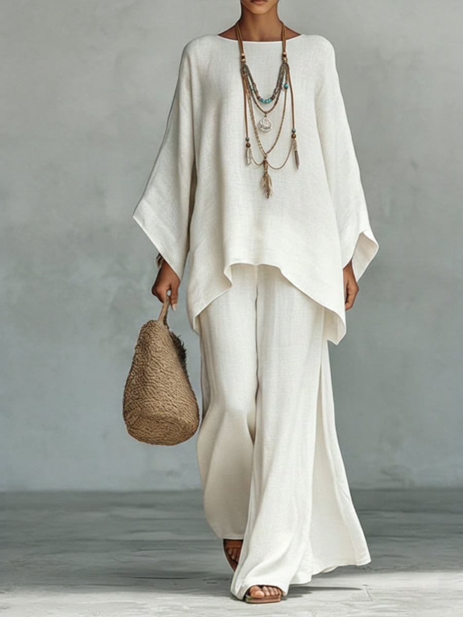 Batwing Linen Boho Wide-Leg 2-Piece Set